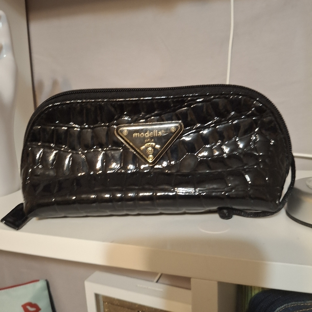 Modella Shiny Black Croc-Embossed Pouch Like New